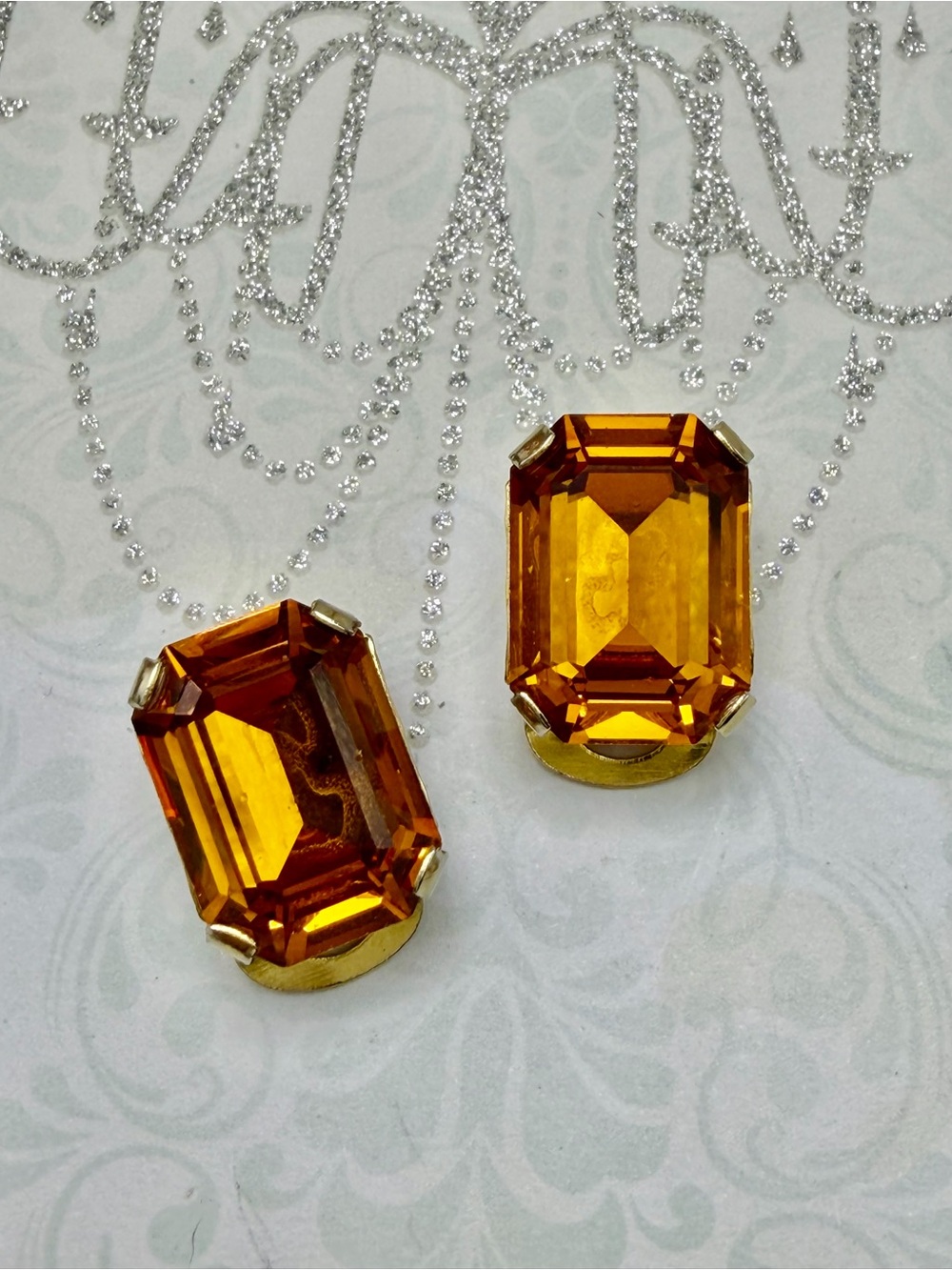 Vintage Amber Octagon Crystal Clip-On Earrings